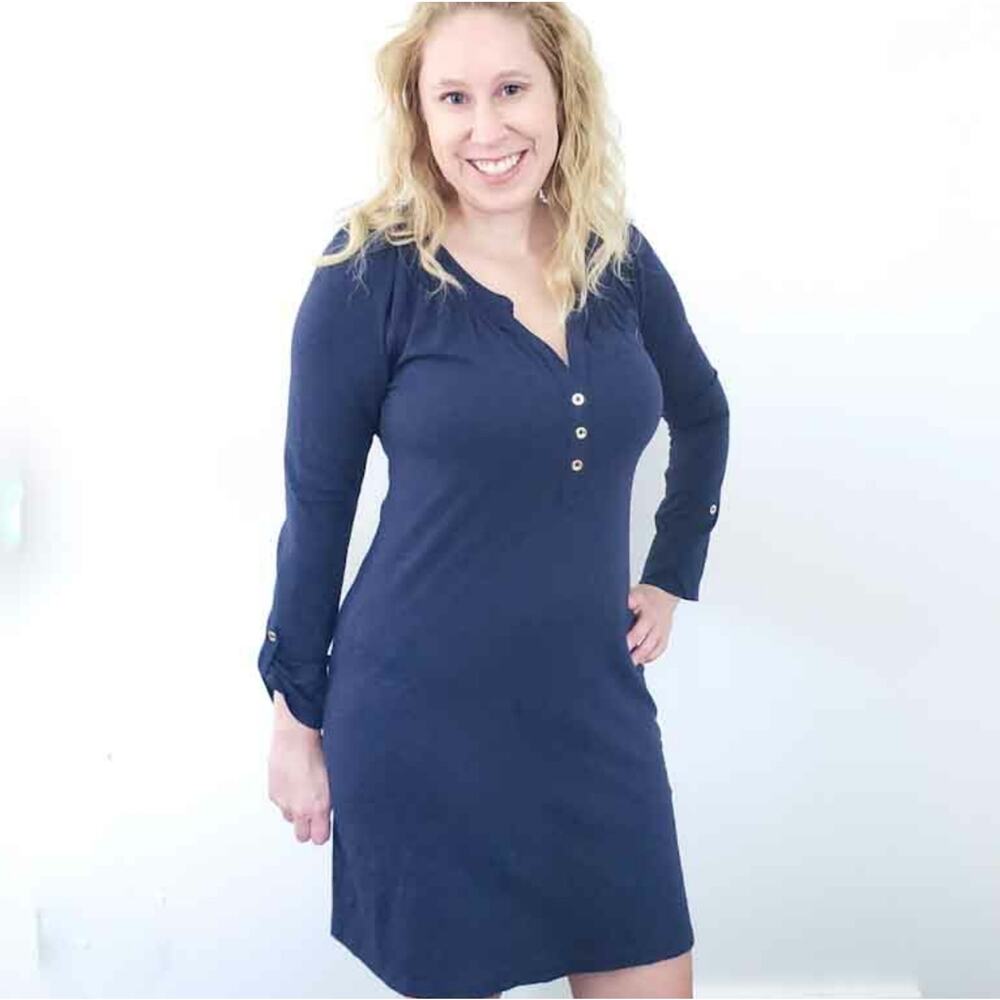 Lilly Pulitzer Navy Blue Dress Roll Tab Sleeve XS XSMALL Casual Comfy Long Sleev